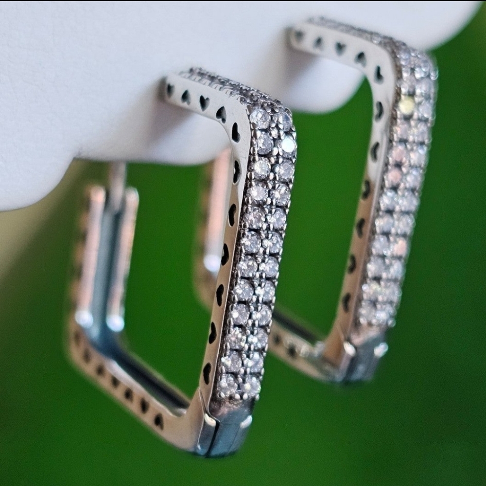 925 STERLING SILVER CRYSTAL DIAMOND ZIRCON CZ ENGRAVED HEART EDGE SQUARE HOOPS☆